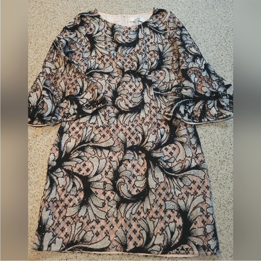 NWT Badgley Mischka (Belle) Sequin Lace Shift Dress Pink Pearl Black *sz 14*